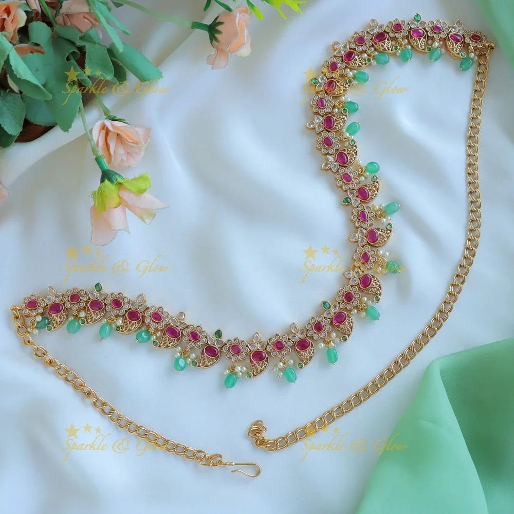 Elegant Floral Mango Hipchain with AD stones and green beads-Green - Sparkle and Glow