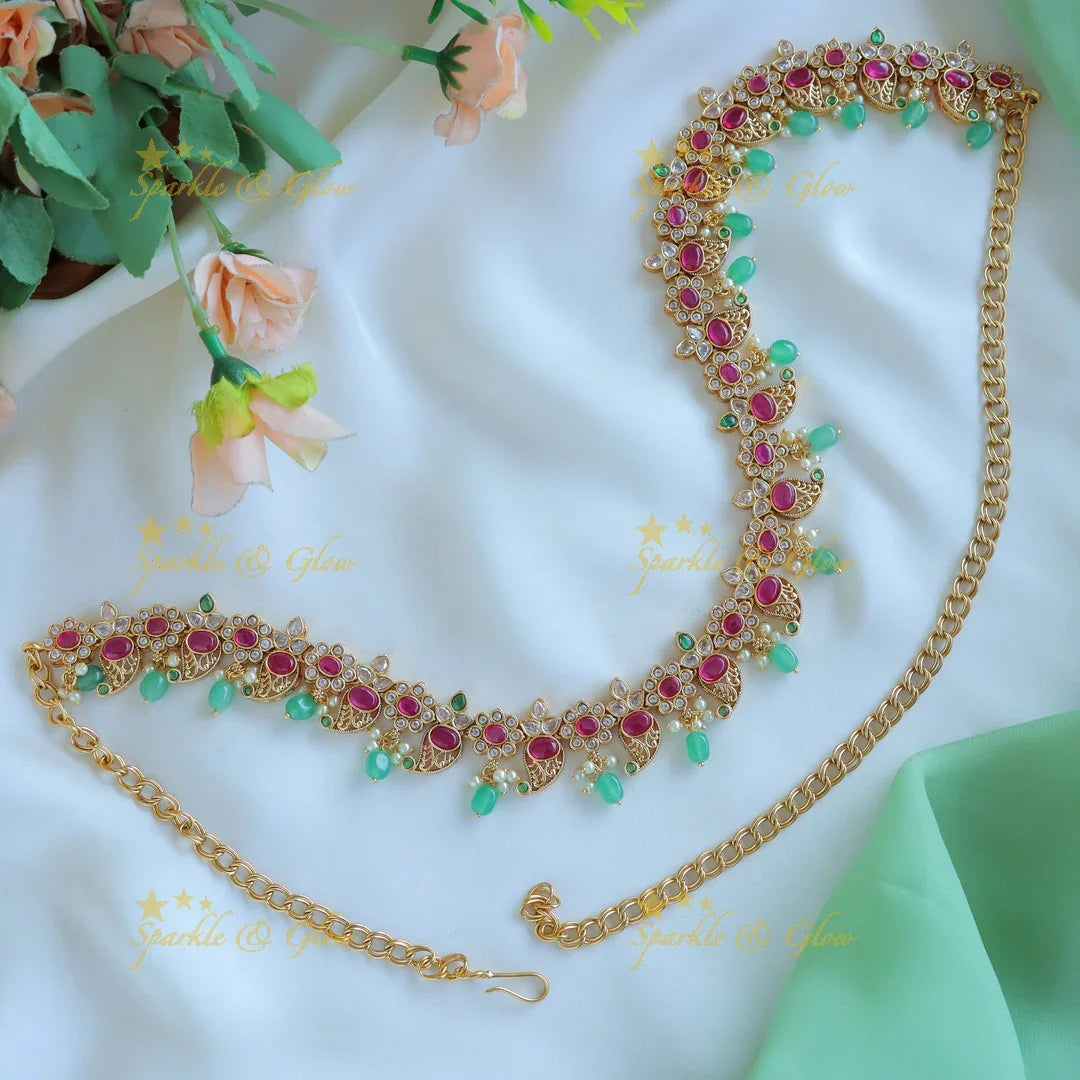 Elegant Floral Mango Hipchain with AD stones and green beads-Green - Sparkle and Glow