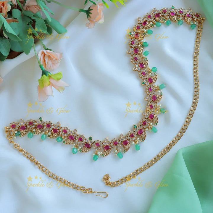 Elegant Floral Mango Hipchain with AD stones and green beads-Green - Sparkle and Glow