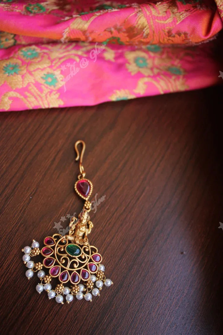 Antique Lakshmi SIngle line Maang Tikka - Pearl - Sparkle and Glow