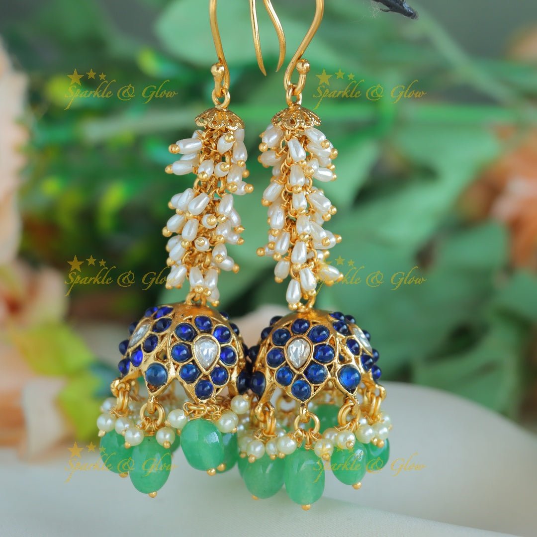 Sparkling Floral Pearl Cluster Earrings With Green Beads - Sparkle and Glow -