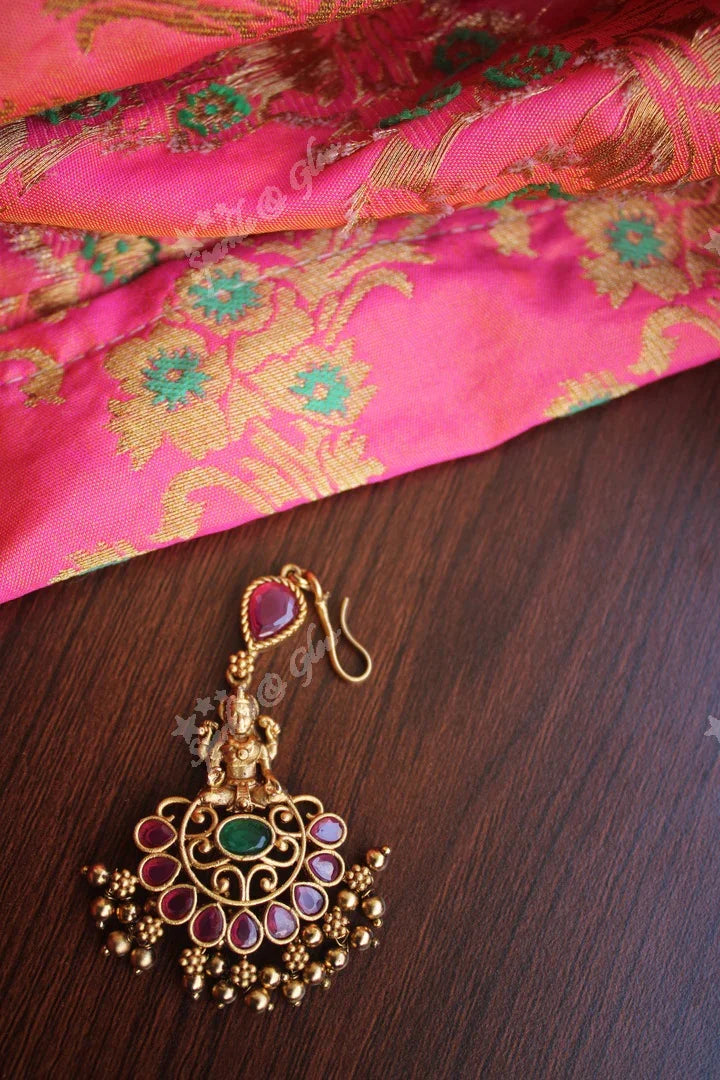 Antique Lakshmi SIngle line Maang Tikka - Pearl - Sparkle and Glow