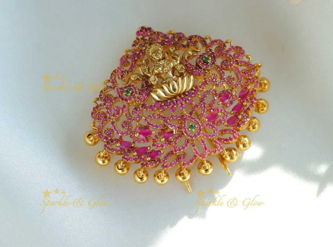 Beautiful Idol Lakshmi Floral carved Ruby Hairpin with gold beads - Sparkle and Glow