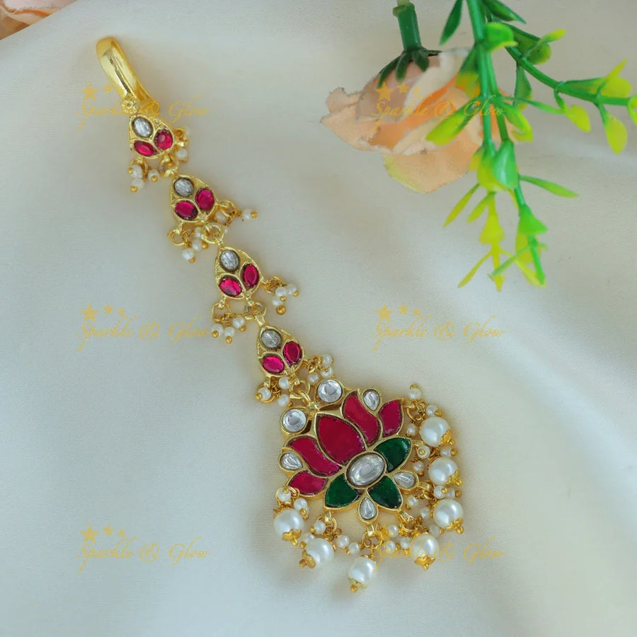 Elegant Lotus Floral carved Maangtikka with pearls - Sparkle and Glow