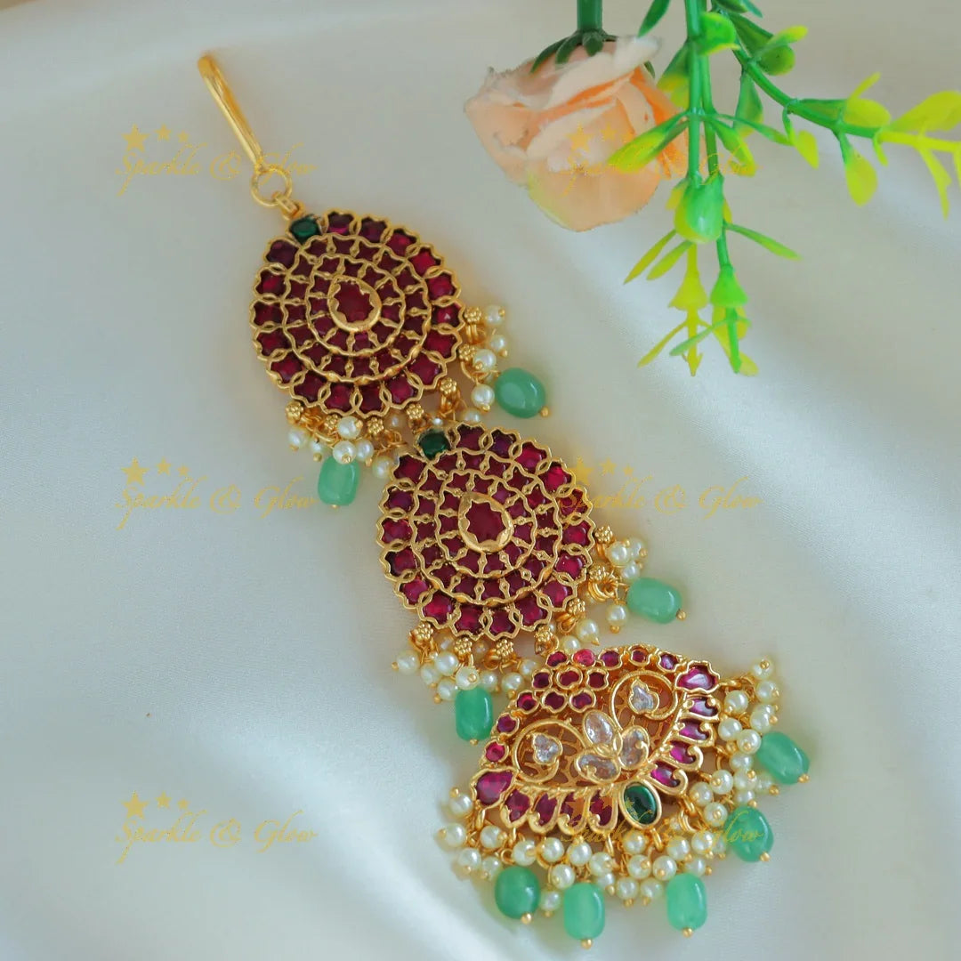 Sparkling Kemp Floral Maangtikka with green beads - Sparkle and Glow