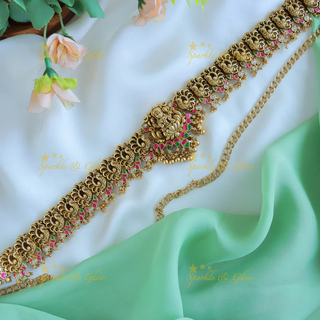 Elegant jadau Lakshmi Peacock Kemp Hipchain with gold beads - Sparkle and Glow