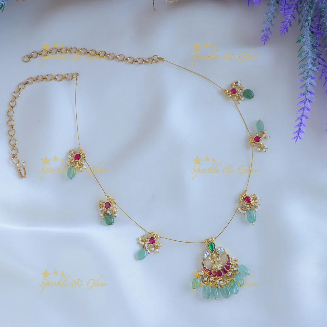 Gracious Half moon Idol Lakshmi floral invisible short necklace with mintgreen beads - Sparkle and Glow