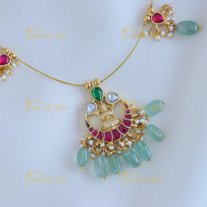 Gracious Half moon Idol Lakshmi floral invisible short necklace with mintgreen beads - Sparkle and Glow