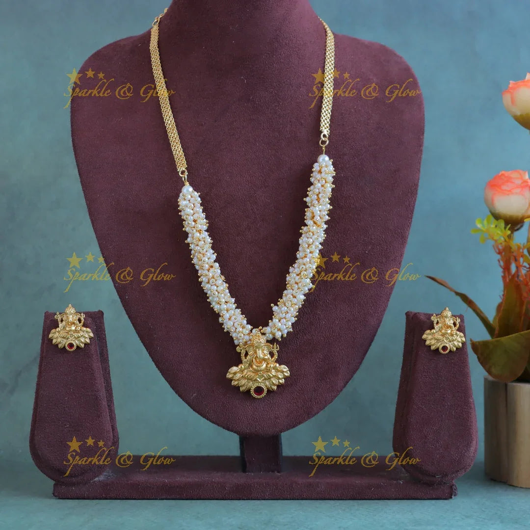 Statement Idol Ganesha pearl cluster short necklace-Ruby - Sparkle and Glow