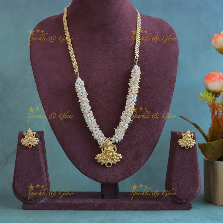 Statement Idol Ganesha pearl cluster short necklace-Ruby - Sparkle and Glow