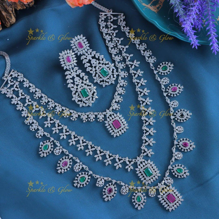 Grand Silver finish AAmerican diamond Three layered Square pendant Floral Haram - Sparkle and Glow