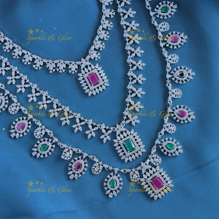 Grand Silver finish AAmerican diamond Three layered Square pendant Floral Haram - Sparkle and Glow