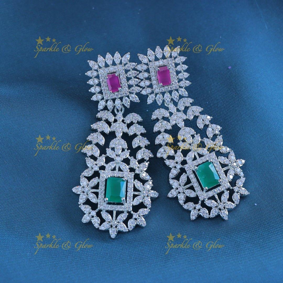 Grand Silver finish AAmerican diamond Three layered Square pendant Floral Haram - Sparkle and Glow