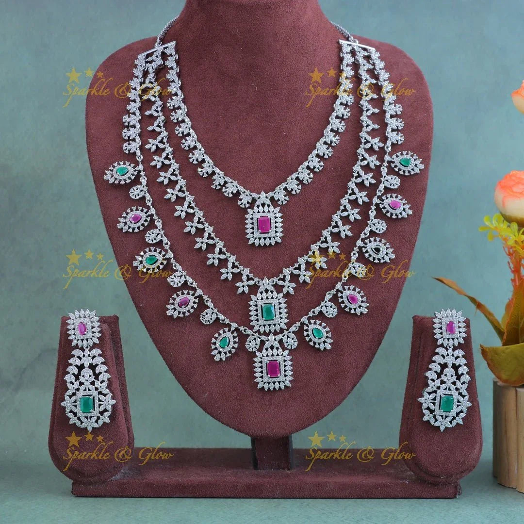 Grand Silver finish AAmerican diamond Three layered Square pendant Floral Haram - Sparkle and Glow