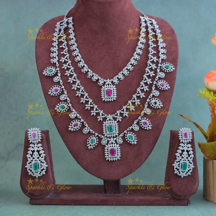 Grand Silver finish AAmerican diamond Three layered Square pendant Floral Haram - Sparkle and Glow