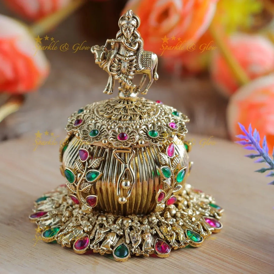 Elegant Idol Krishna Playing Flute on Cow design Kumkum Box - Sparkle and Glow