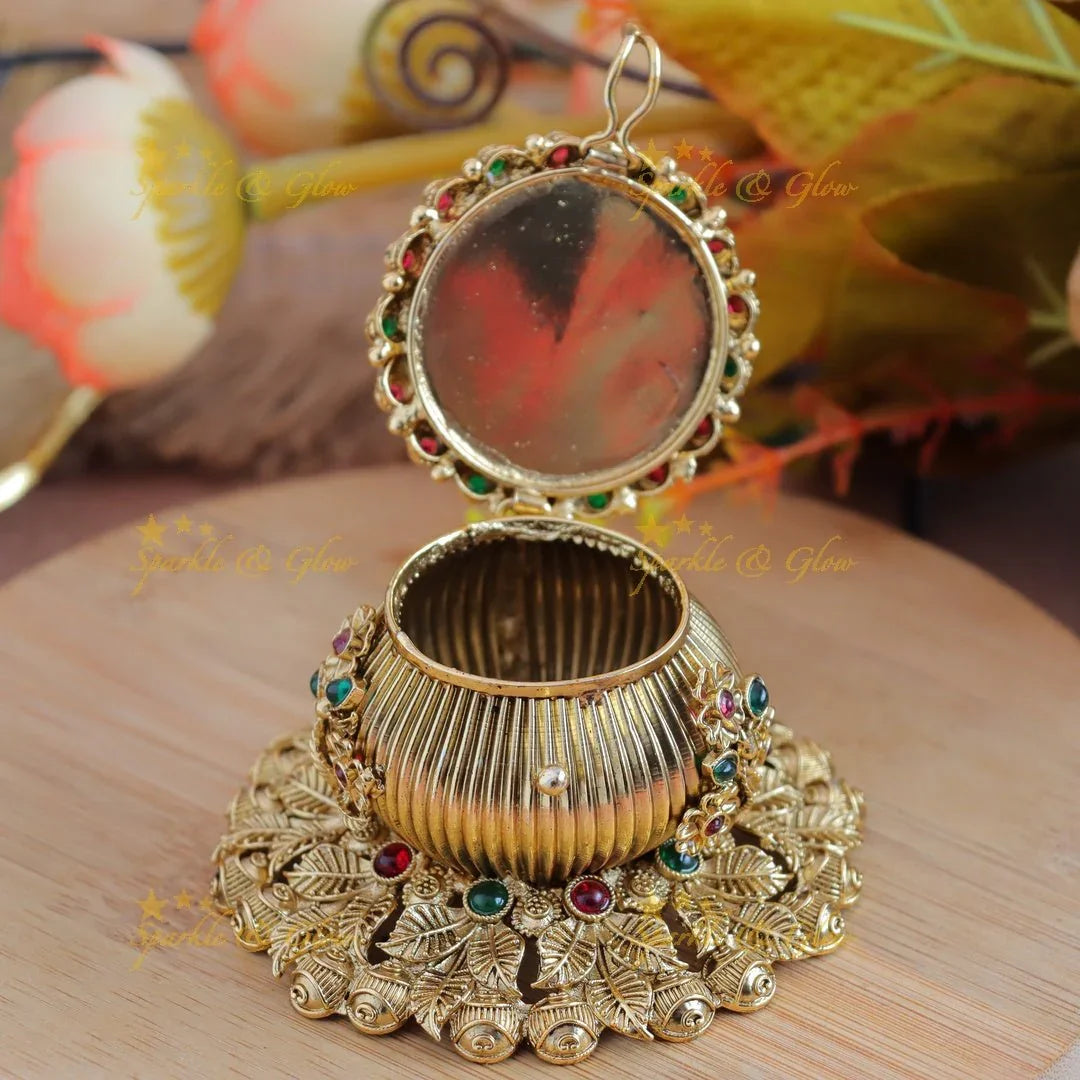 Sparkling Idol Lakshmi Swastik Leaf design Kumkum Box - Sparkle and Glow
