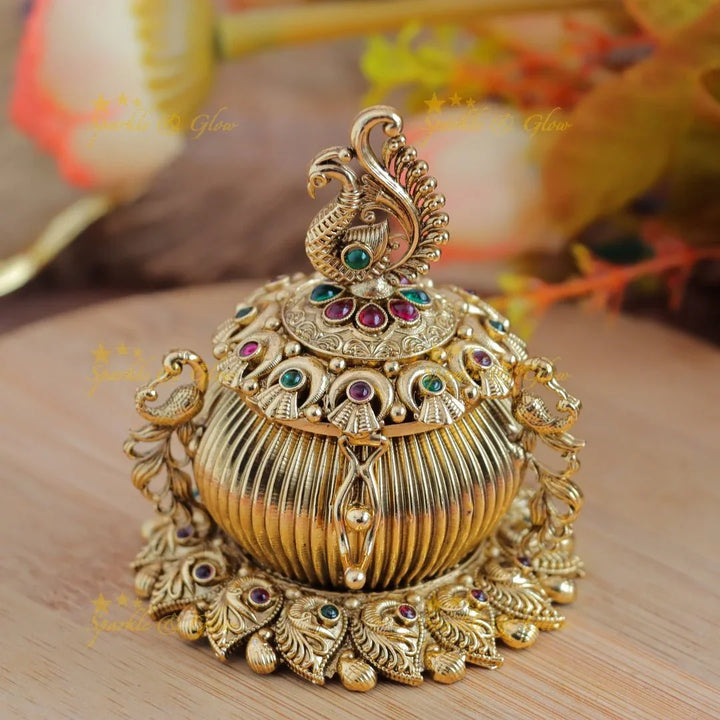 Beautiful Peacock Leaf design Kumkum Box - Sparkle and Glow