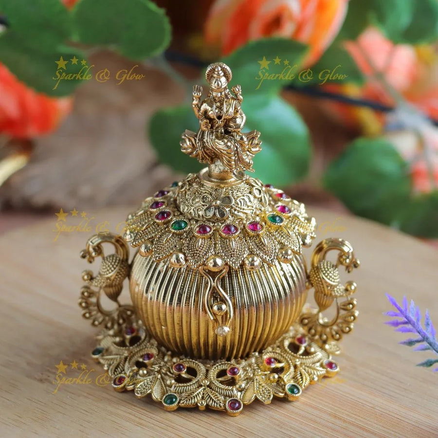 Gracious Idol Mahalakshmi on Lotus carved Kumkum Box - Sparkle and Glow