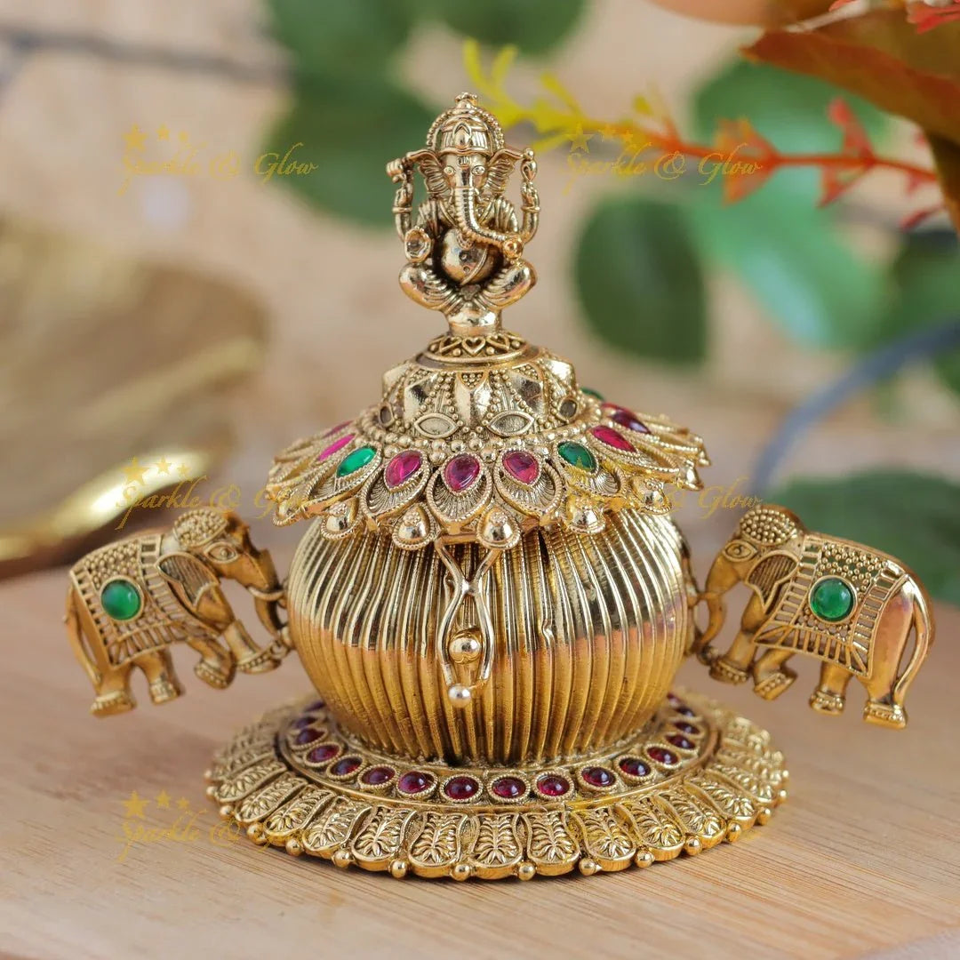 Grand Idol Ganesha Dual tone Elephant carved Kumkum Box - Sparkle and Glow