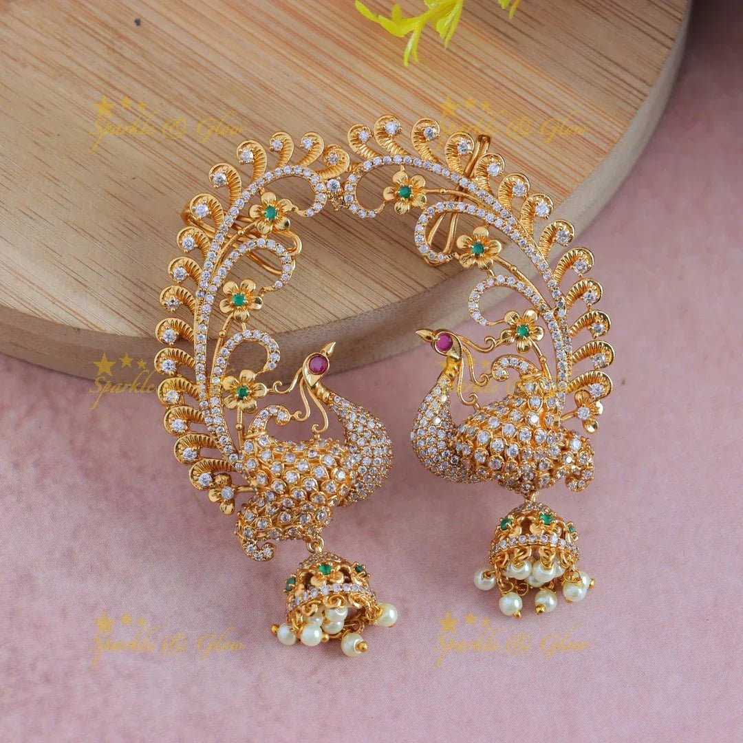 Grand Dancing Peacock design Earcuff with cz stones - Sparkle and Glow