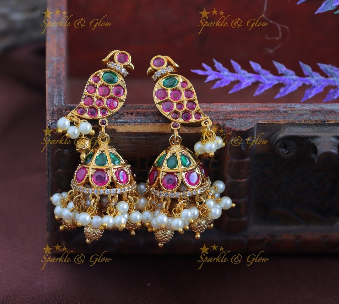 Beautiful Kemp Bird design Jhumka with pearls and gold beads - Sparkle and Glow -