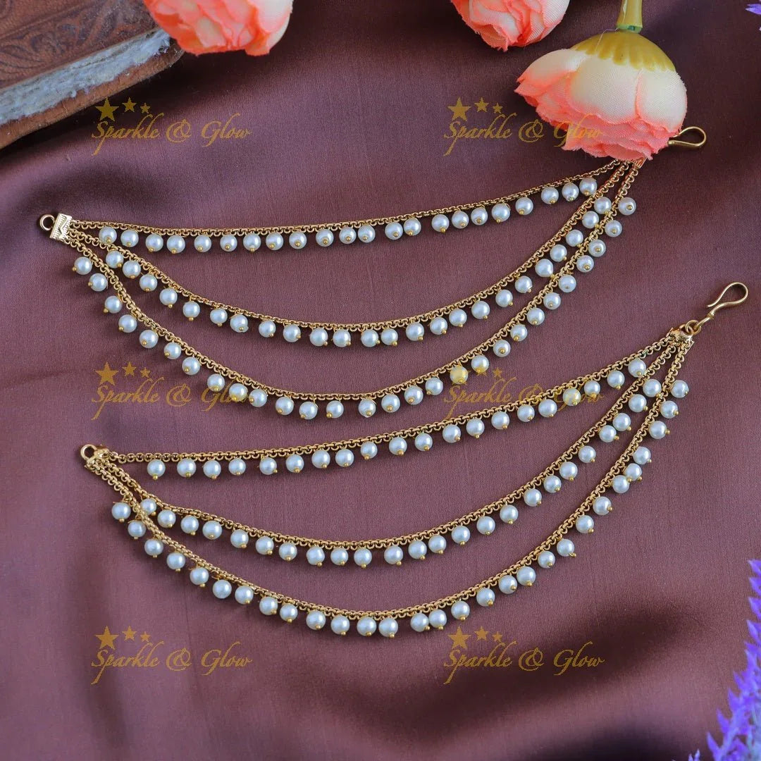 Statement Three Layer Bridal Pearl Earchain - Sparkle and Glow