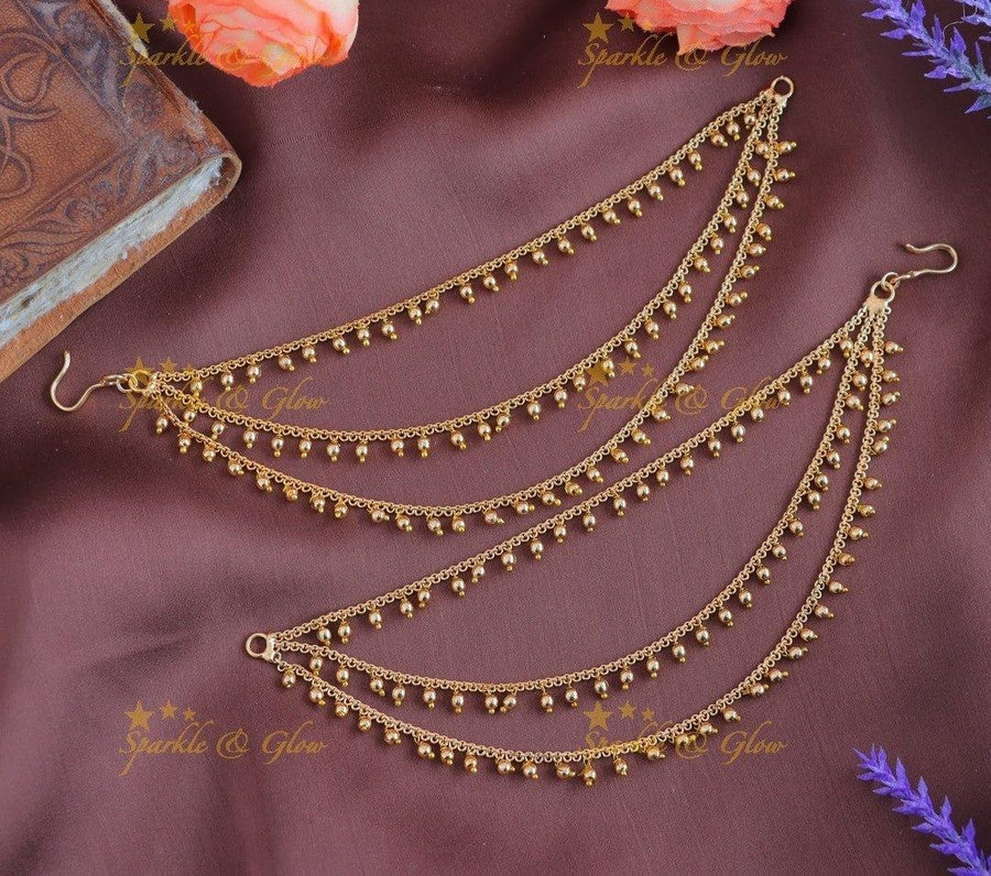 Statement Three layer Gold beads Earchain - Sparkle and Glow