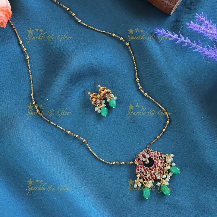 Sparkling Dual tone Peacock Floral pendant chain with green beads-Navarathna - Sparkle and Glow