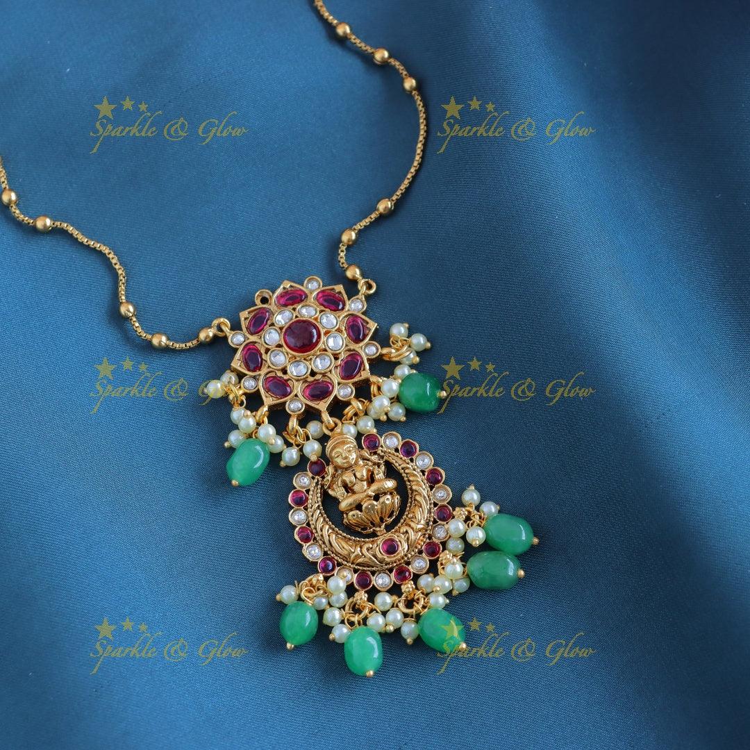 Elegant Idol Lakshmi Half moon Floral design Antique pendant chain with green beads-Ruby - Sparkle and Glow