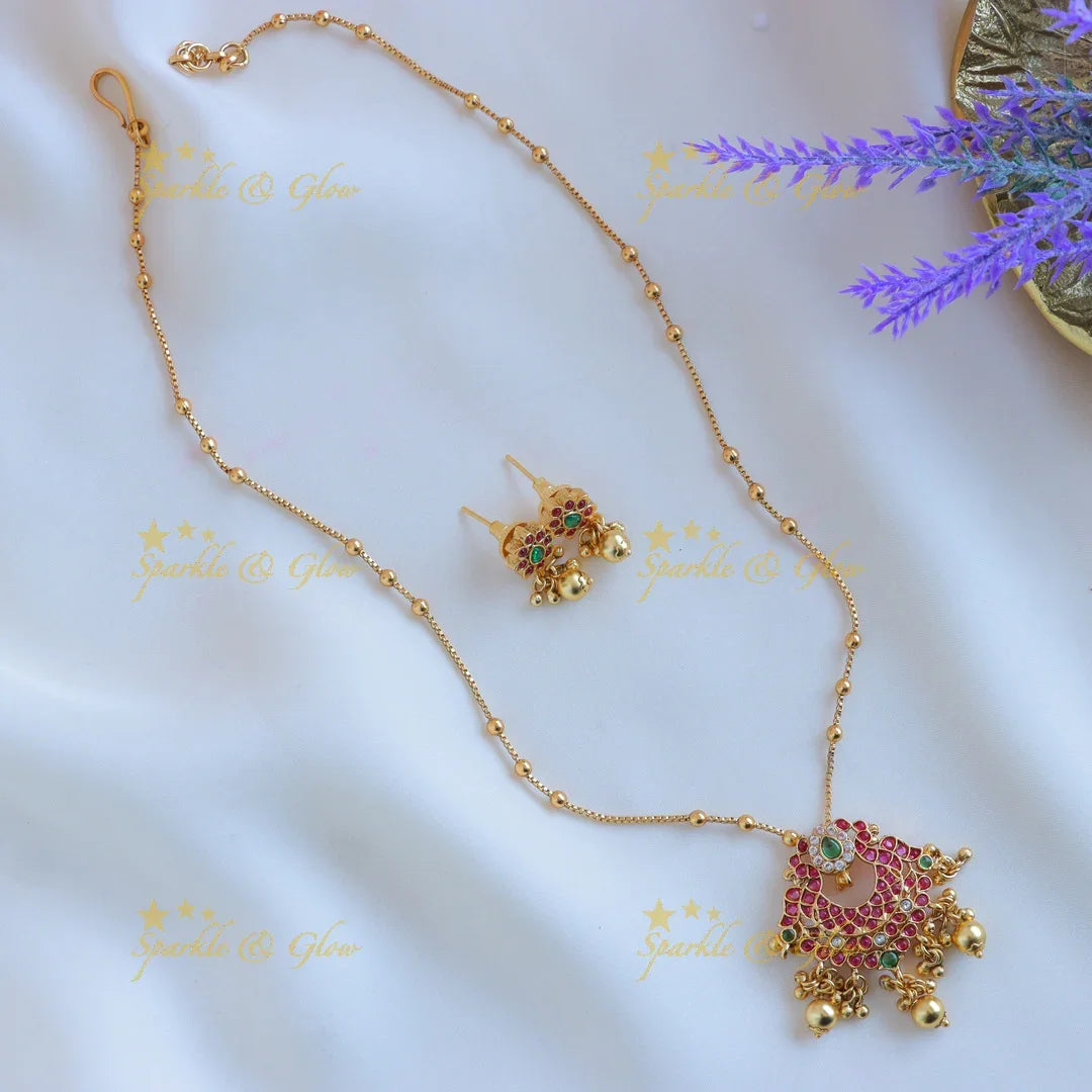 Sparkling Dual tone Peacock Floral pendant chain with green beads-Navarathna - Sparkle and Glow