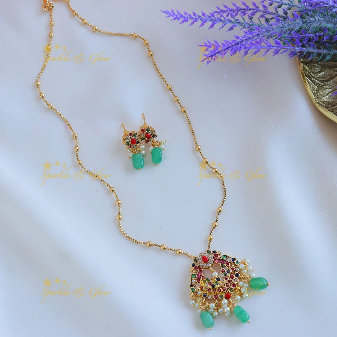 Sparkling Dual tone Peacock Floral pendant chain with green beads-Navarathna - Sparkle and Glow