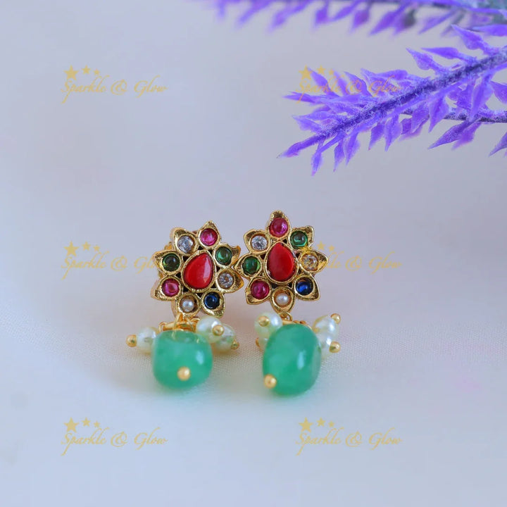 Sparkling Dual tone Peacock Floral pendant chain with green beads-Navarathna - Sparkle and Glow
