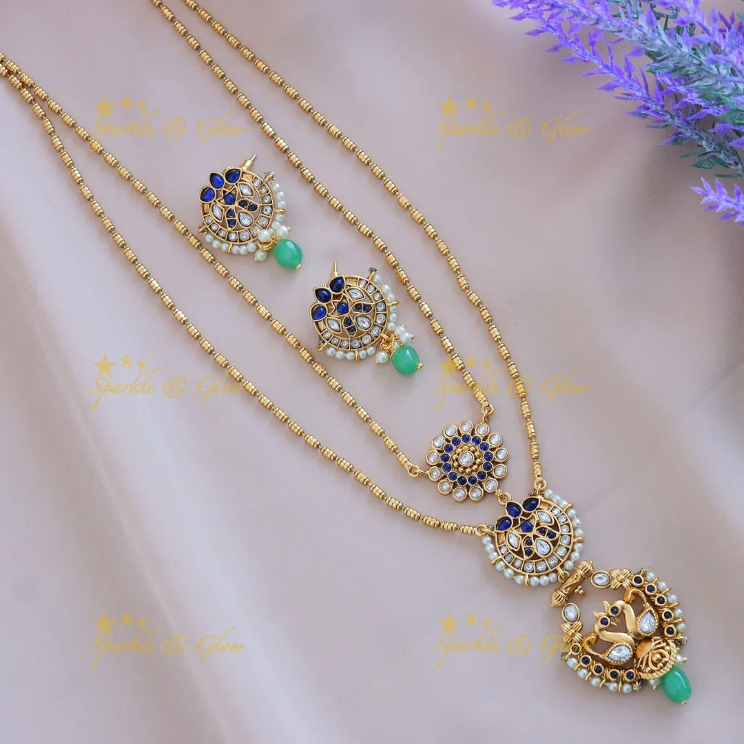 Elegant Dual tone Peacock Floral Layered pendant chain-Green - Sparkle and Glow