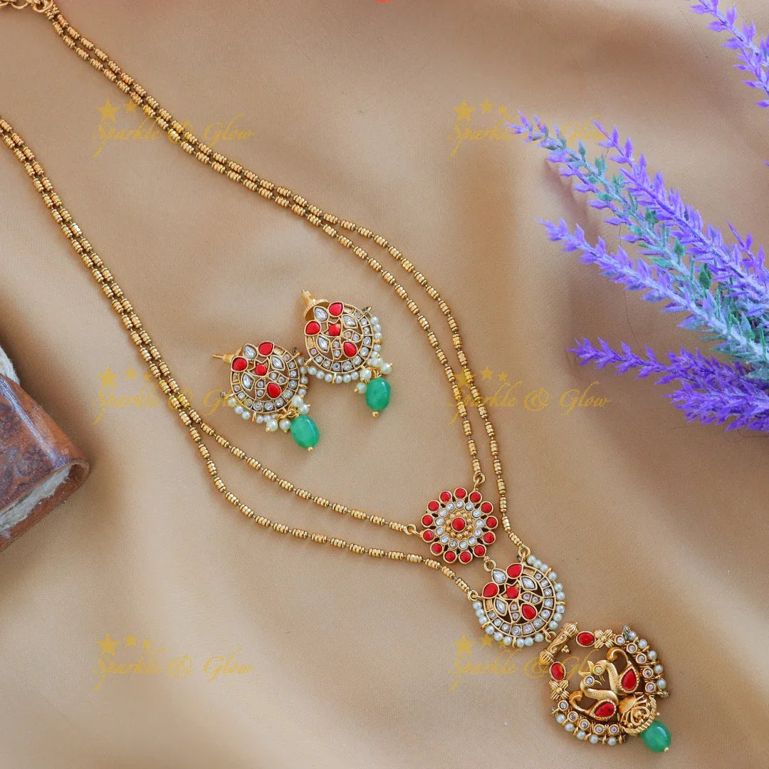 Elegant Dual tone Peacock Floral Layered pendant chain-Green - Sparkle and Glow