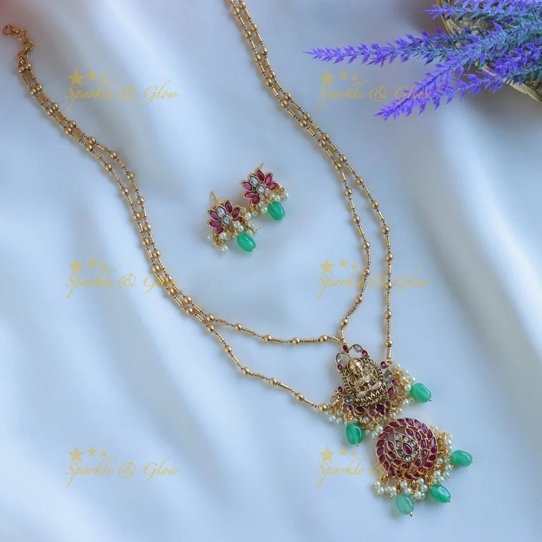 Gracious Idol Lakshmi Lotus Floral layered pendant chain with gold beads-Green-Pink - Sparkle and Glow