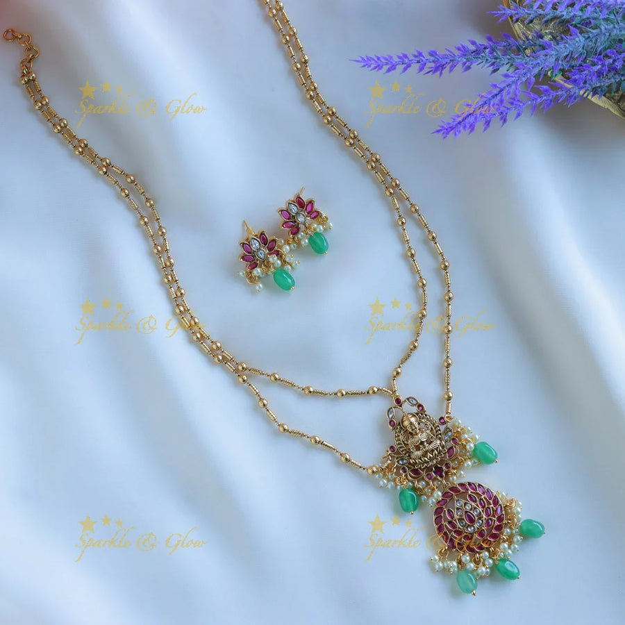 Gracious Idol Lakshmi Lotus Floral layered pendant chain with gold beads-Green-Pink - Sparkle and Glow