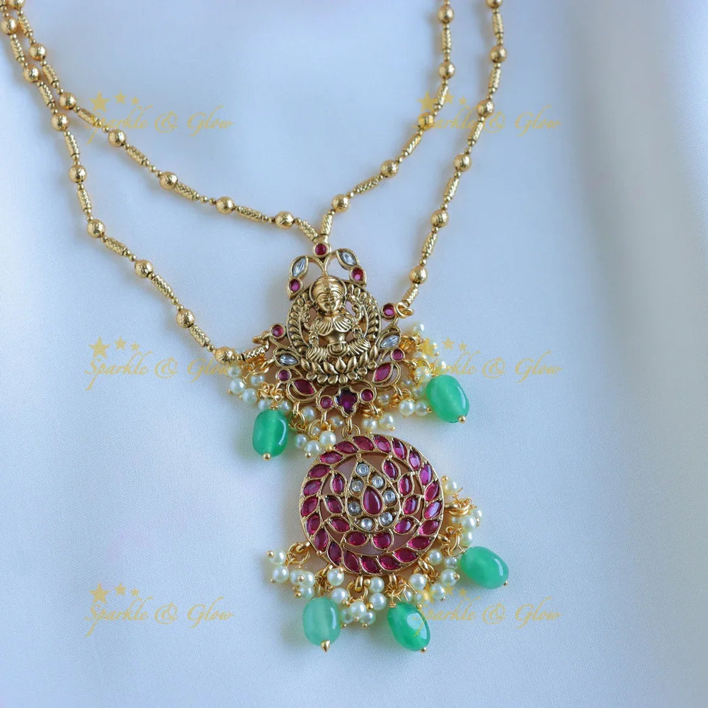 Gracious Idol Lakshmi Lotus Floral layered pendant chain with gold beads-Green-Pink - Sparkle and Glow