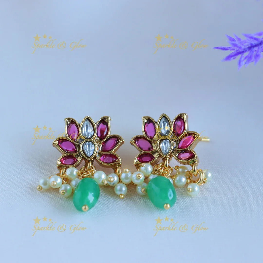 Gracious Idol Lakshmi Lotus Floral layered pendant chain with gold beads-Green-Pink - Sparkle and Glow