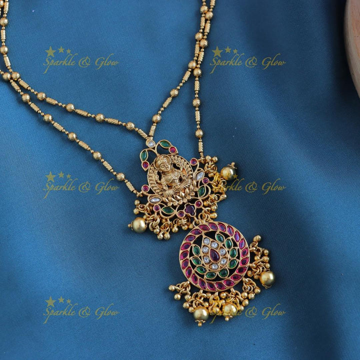 Gracious Idol Lakshmi Lotus Floral layered pendant chain with gold beads-Gold-multi - Sparkle and Glow