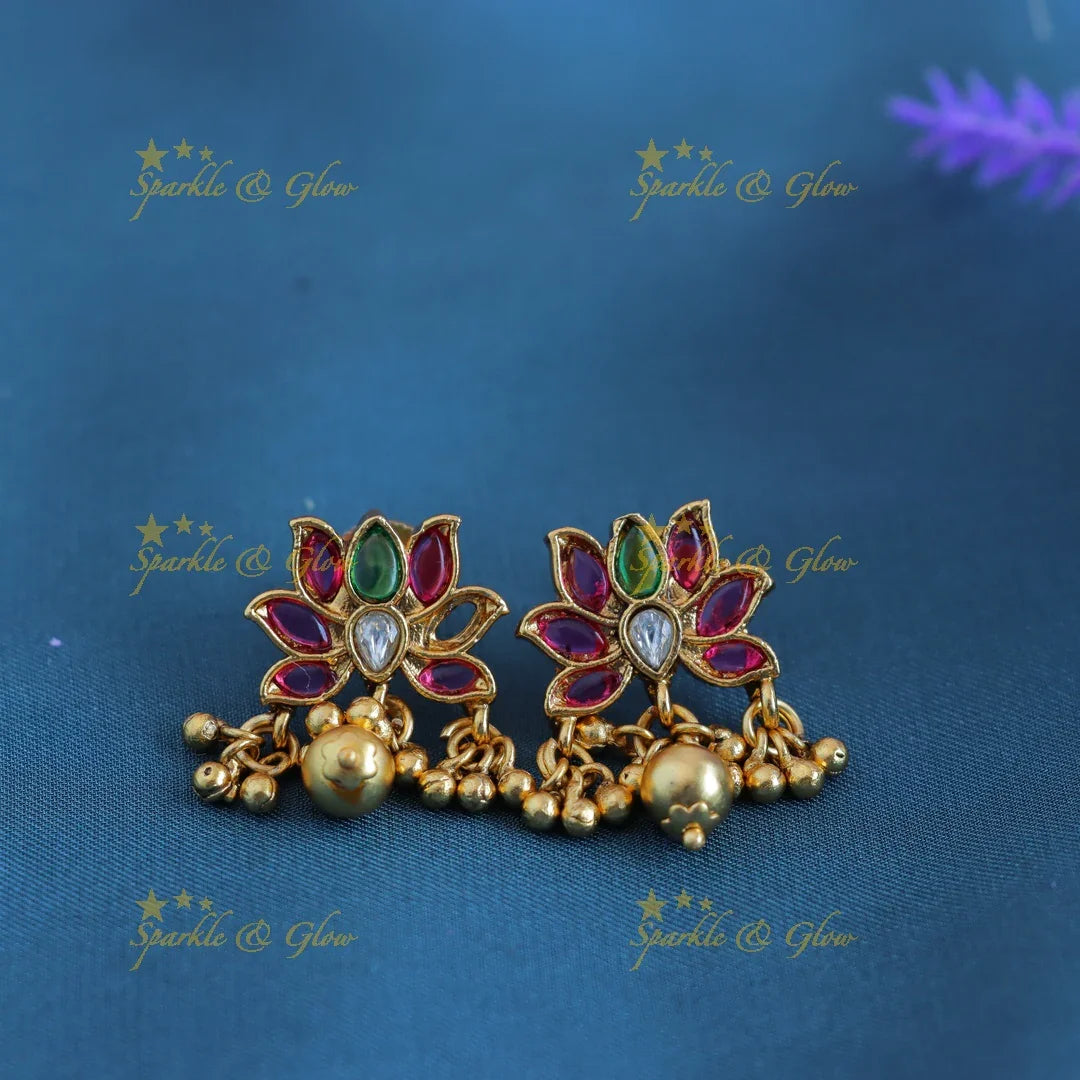 Gracious Idol Lakshmi Lotus Floral layered pendant chain with gold beads-Gold-multi - Sparkle and Glow
