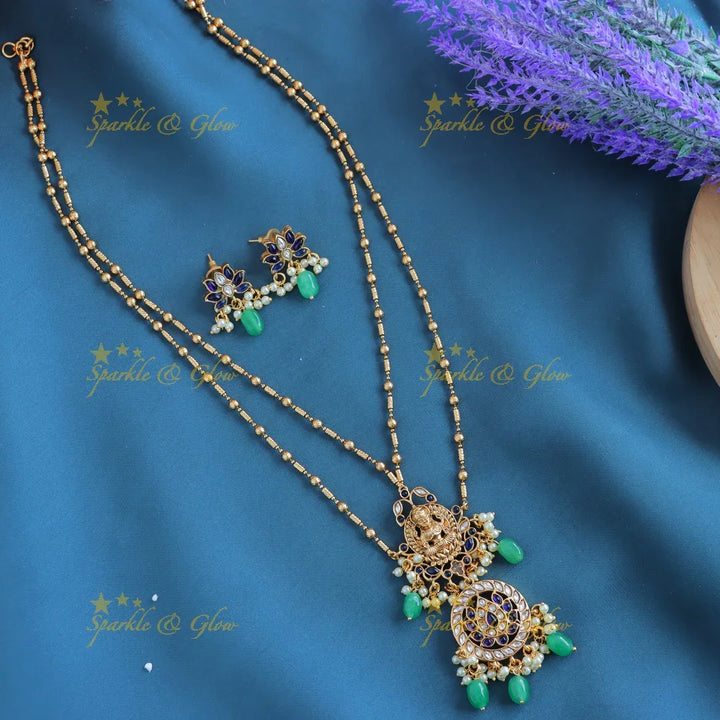 Gracious Idol Lakshmi Lotus Floral layered pendant chain with gold beads-Gold-multi - Sparkle and Glow