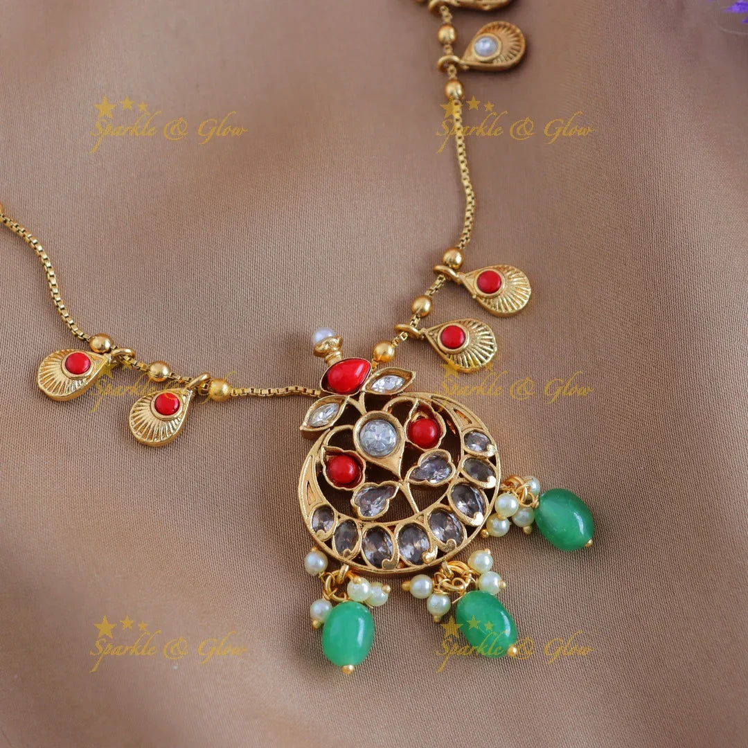 Beautiful Kemp Antique Floral pendant chain with green beads-Coral - Sparkle and Glow