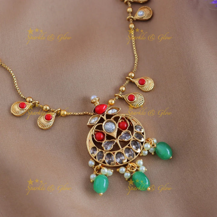 Beautiful Kemp Antique Floral pendant chain with green beads-Coral - Sparkle and Glow