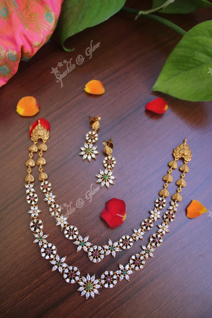 Antique polished AD stones stunning layered necklace - Sparkle and Glow