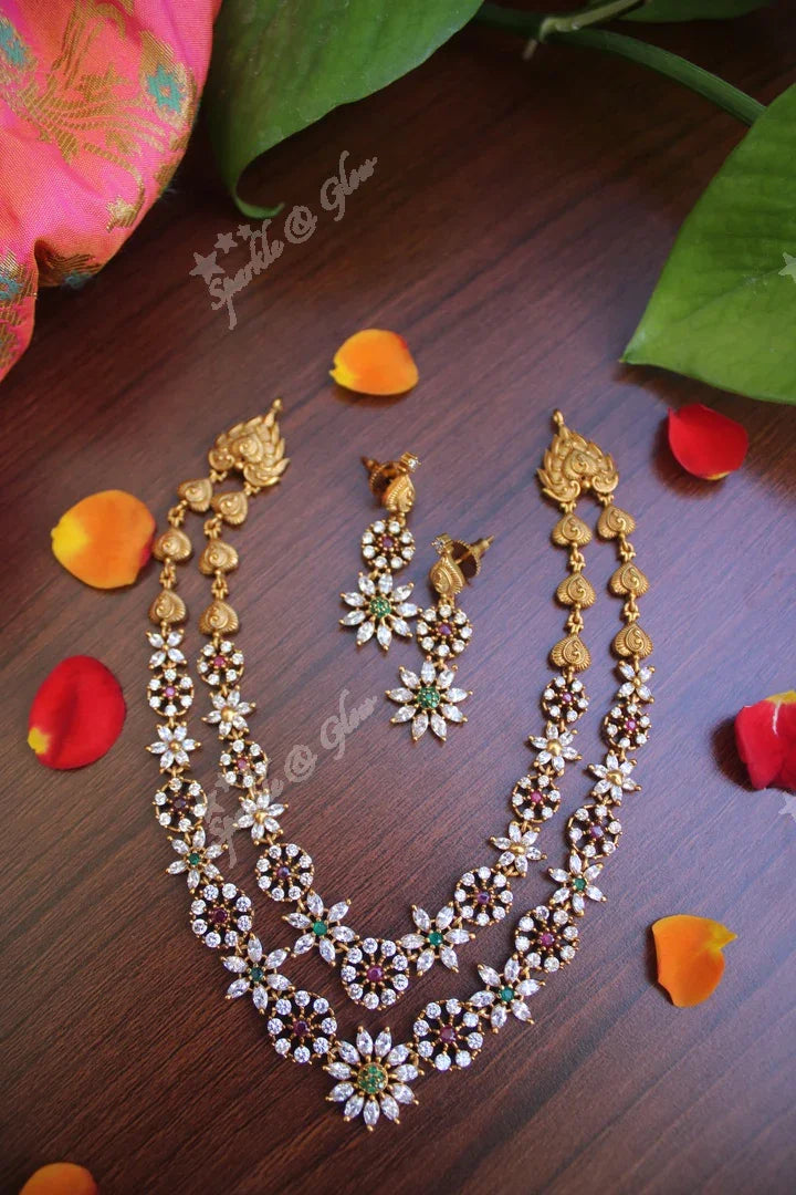 Antique polished AD stones stunning layered necklace - Sparkle and Glow