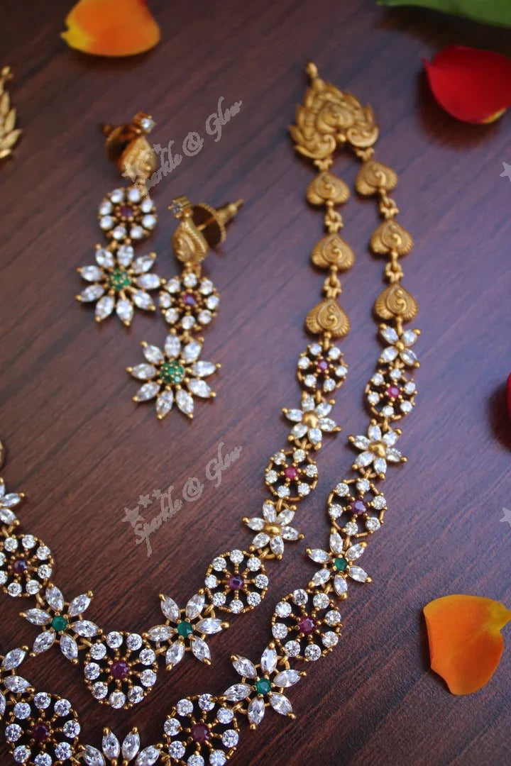 Antique polished AD stones stunning layered necklace - Sparkle and Glow