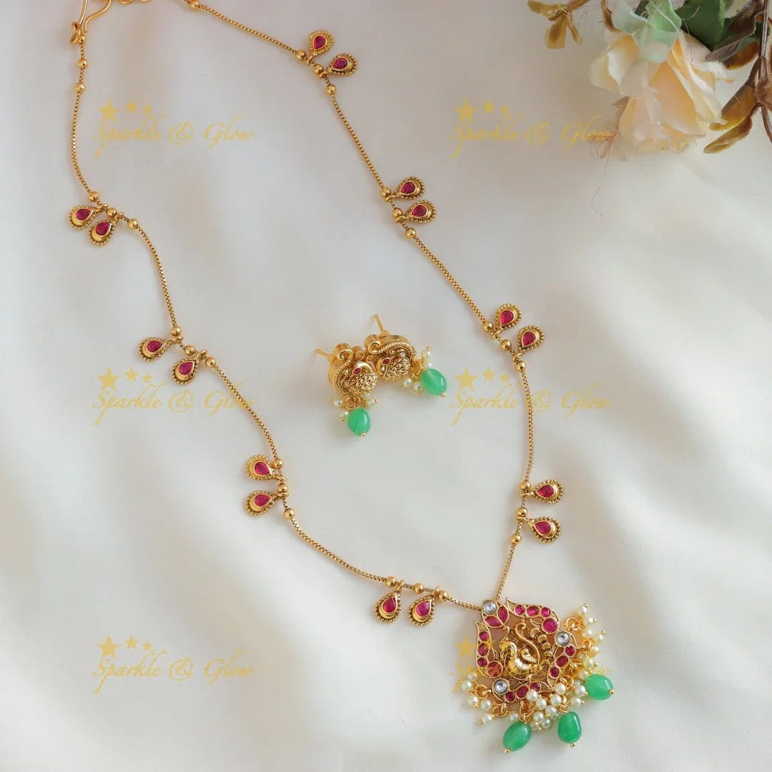 Elegant Dual tone Peacock Floral Antique pendant chain with green beads-Ruby - Sparkle and Glow