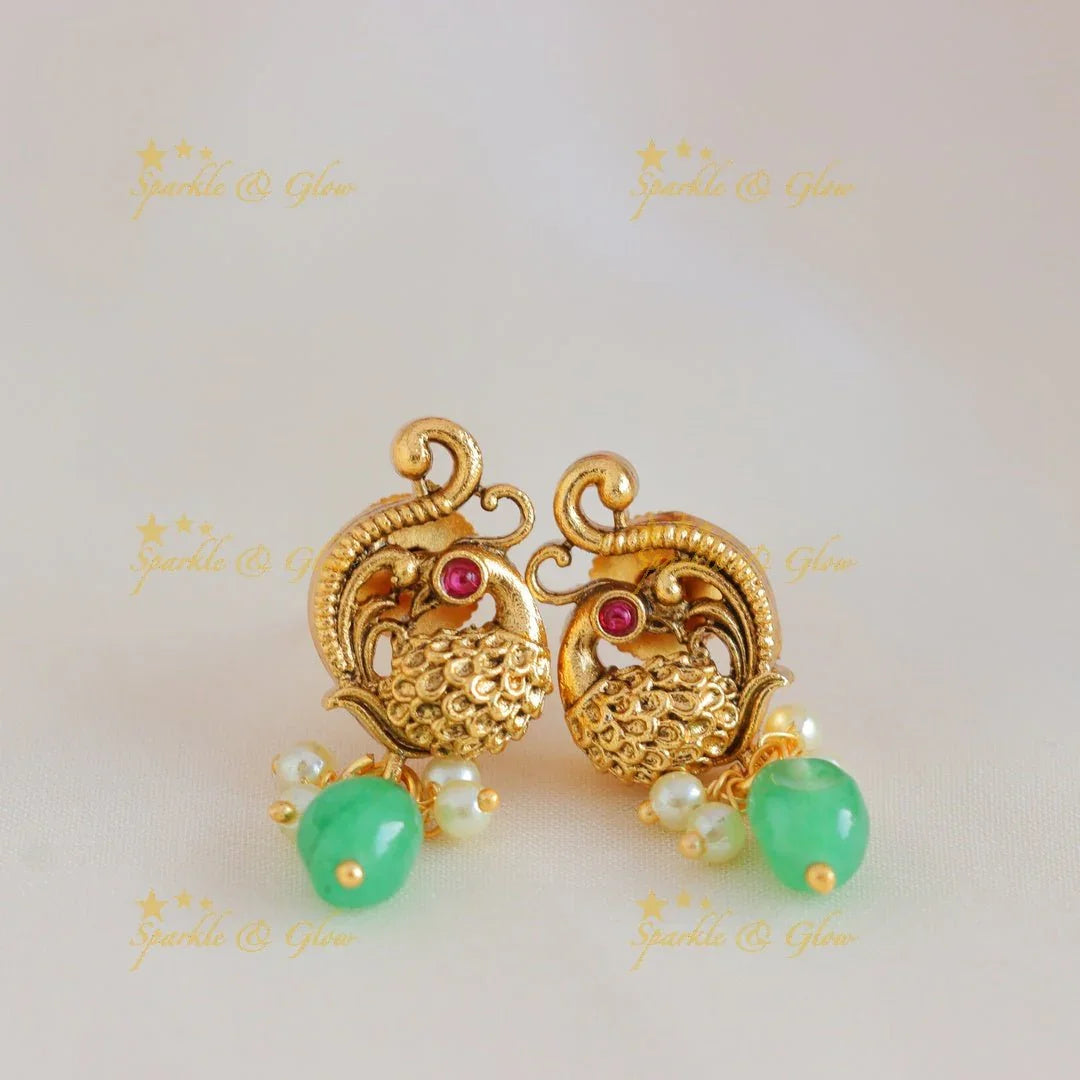 Elegant Dual tone Peacock Floral Antique pendant chain with green beads-Ruby - Sparkle and Glow