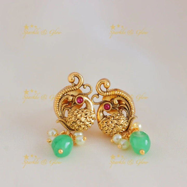 Elegant Dual tone Peacock Floral Antique pendant chain with green beads-Ruby - Sparkle and Glow